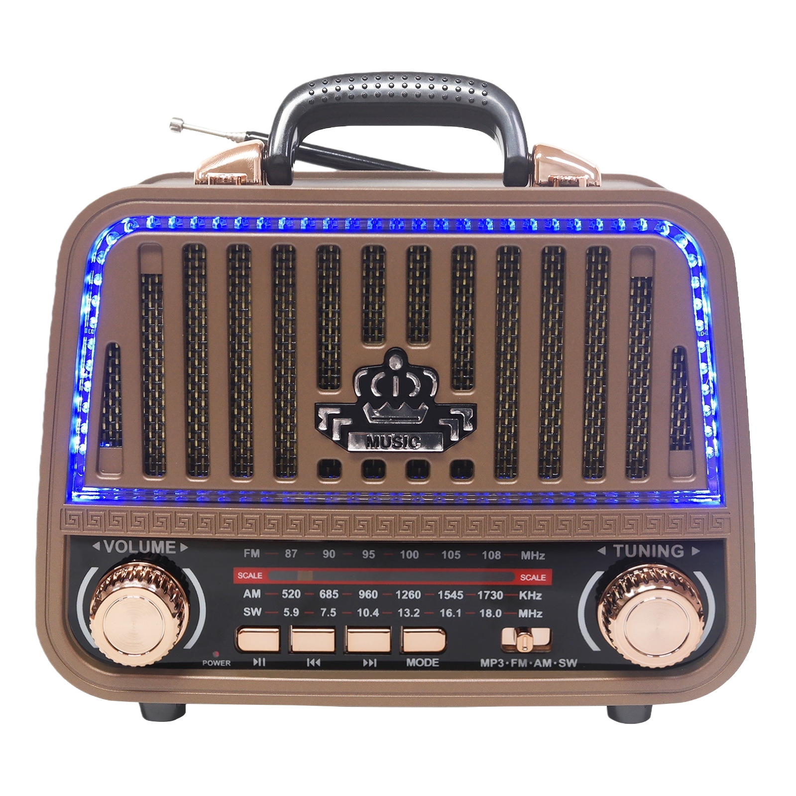 Brown retro portable radio with blue LED light ring and golden knob MUSIC logo Item Picture