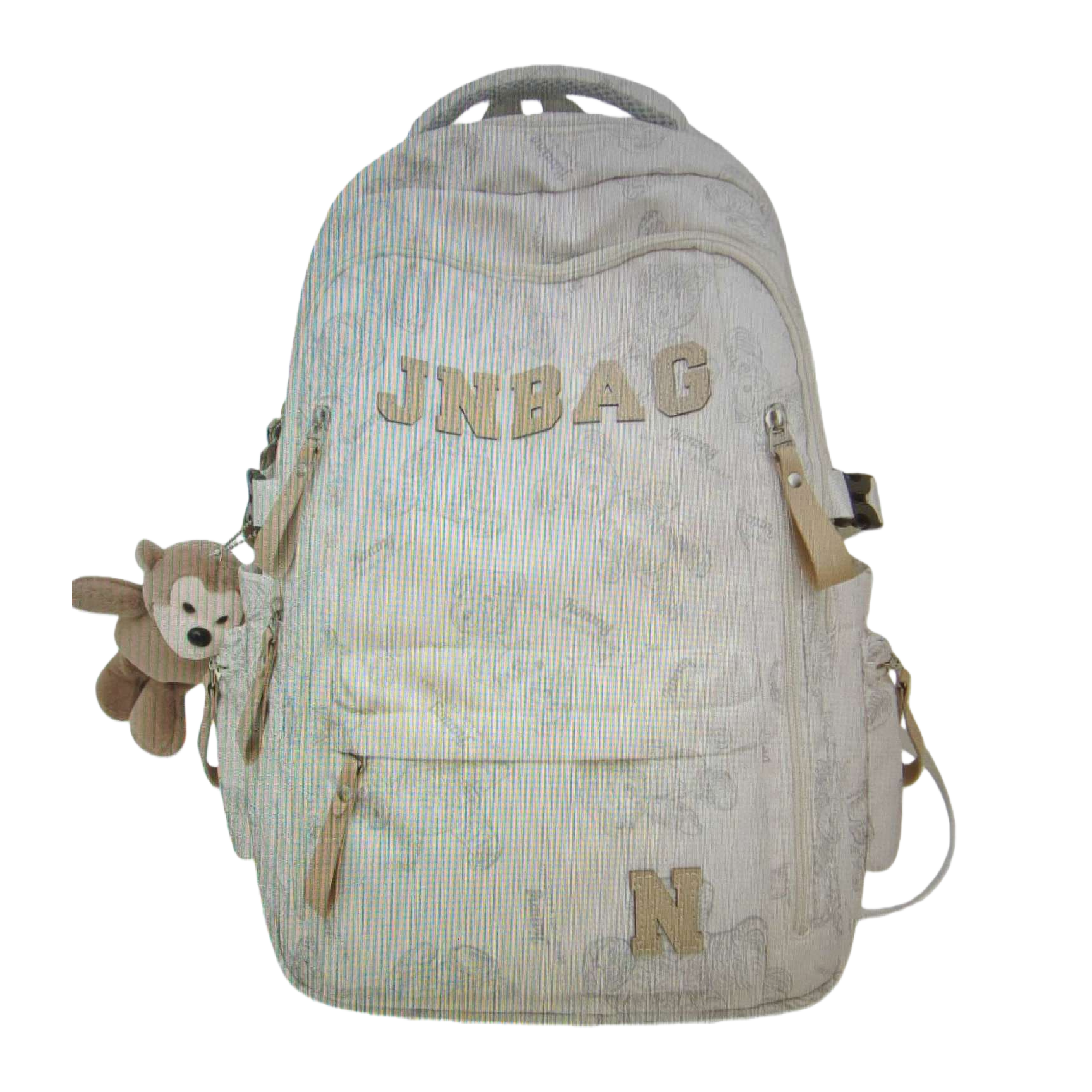 Beige printed backpack JNBAG with letter decoration N patch bear plush pendant Item Picture