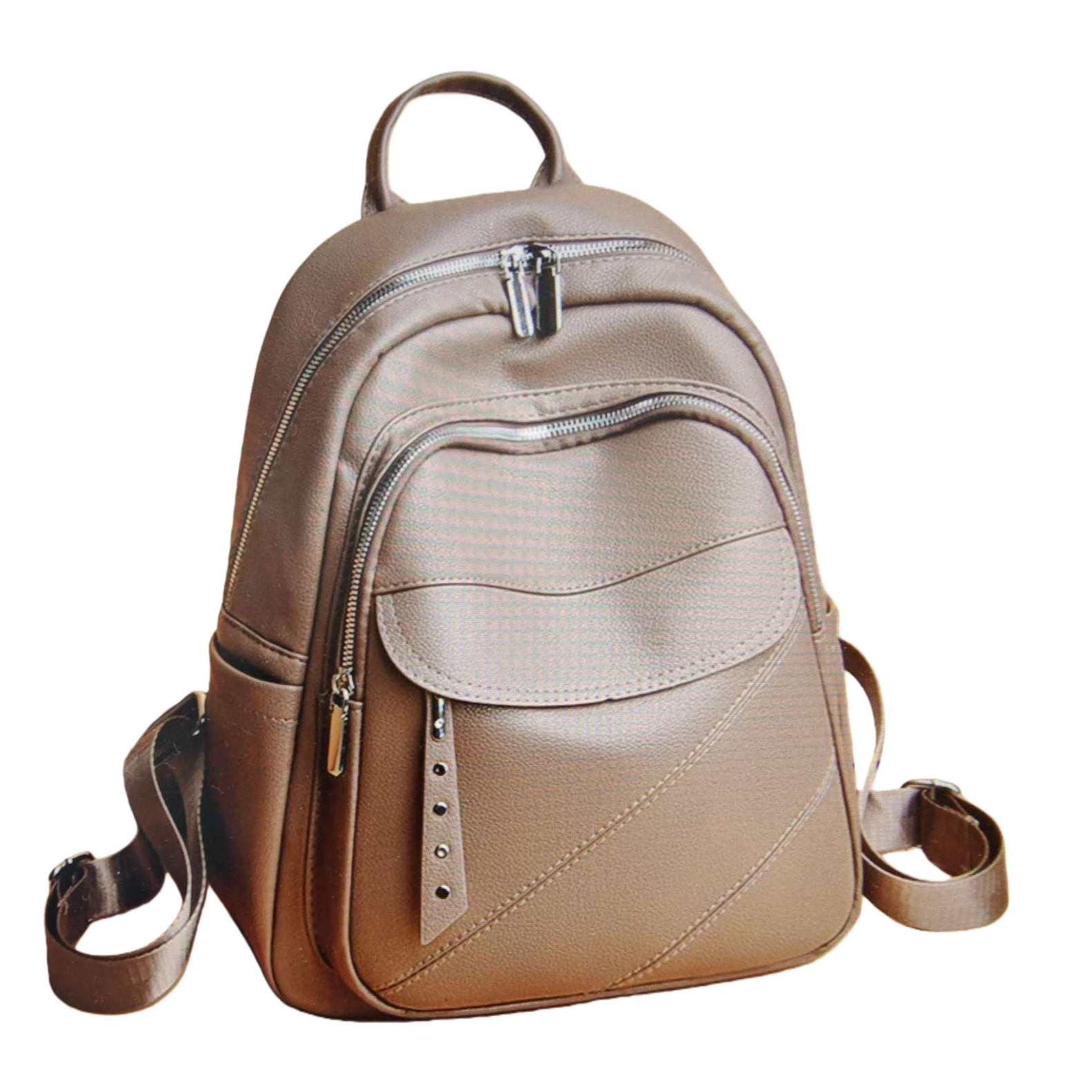 The beige leather backpack is simple and fashionable. It is a large-capacity, lightweight travel backpack for student commuting Item Picture