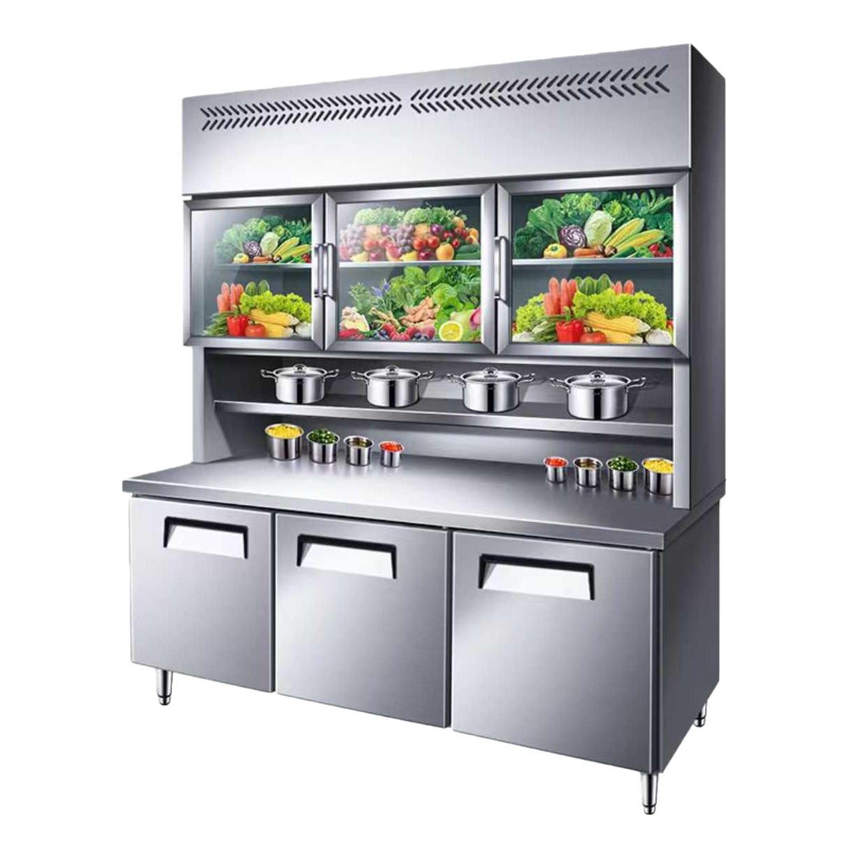 Stainless steel kitchen countertop with storage cabinet and glass display cabinet Item Picture