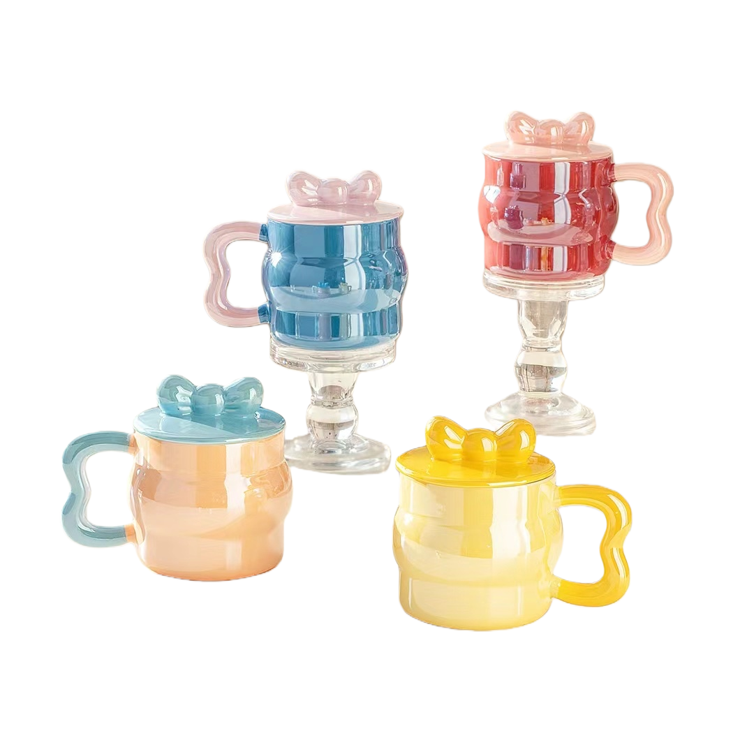 Colorful bow ceramic cups, high-temperature glazed anti-scald mugs, household and office water cups Item Picture