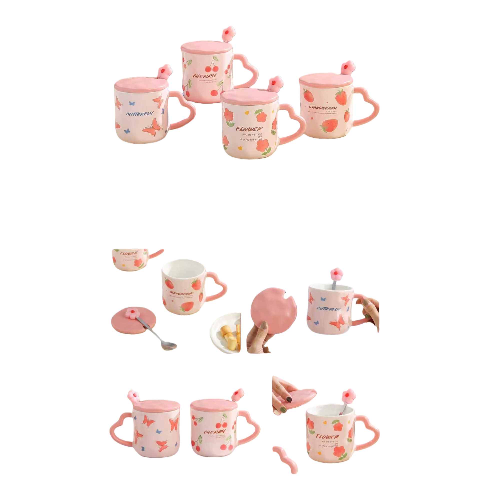 Pink ceramic cup with lid and small spoon set, simple home tea cup and coffee cup Item Picture