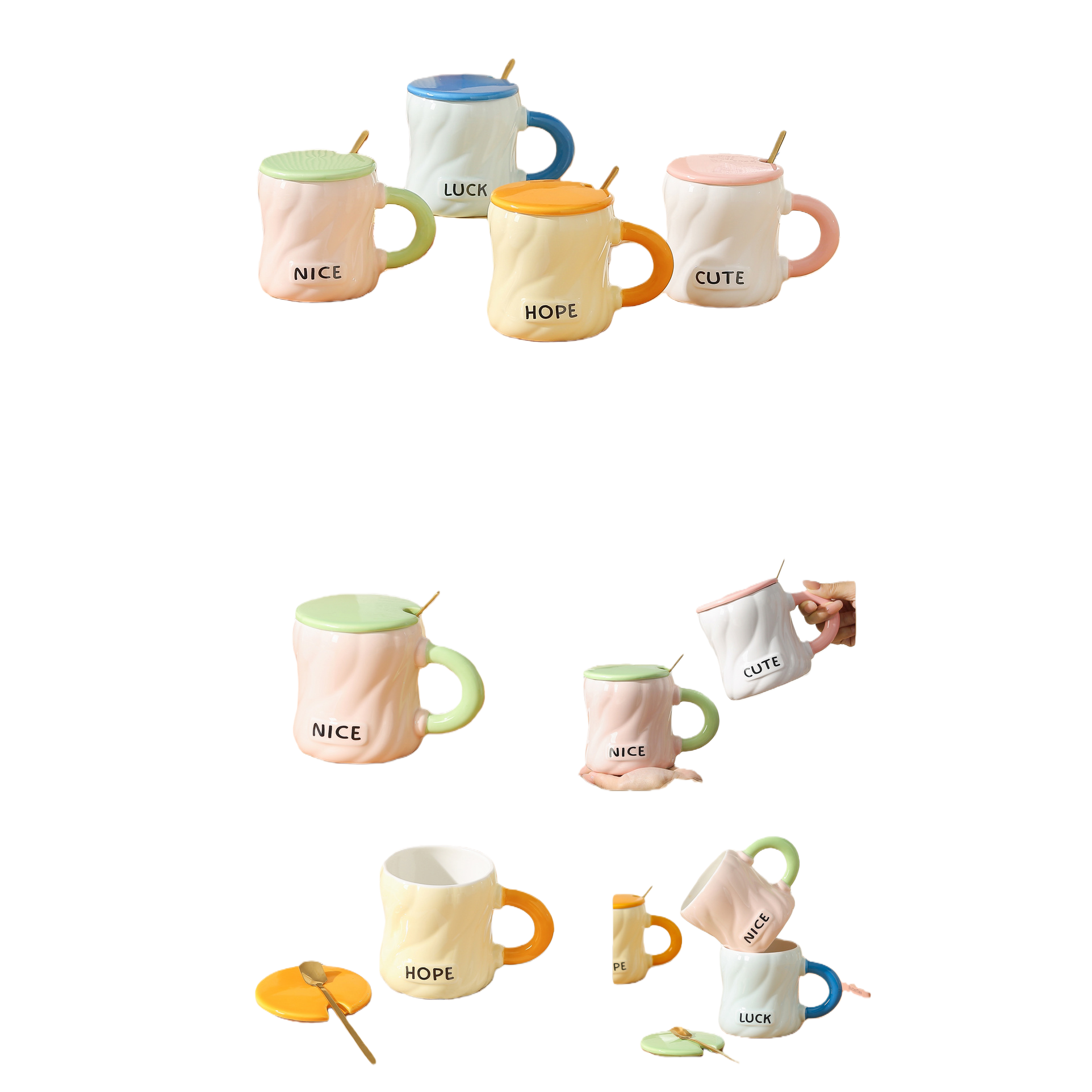 Colored ceramic mugs with ceramic LIDS and stainless steel spoons Item Picture