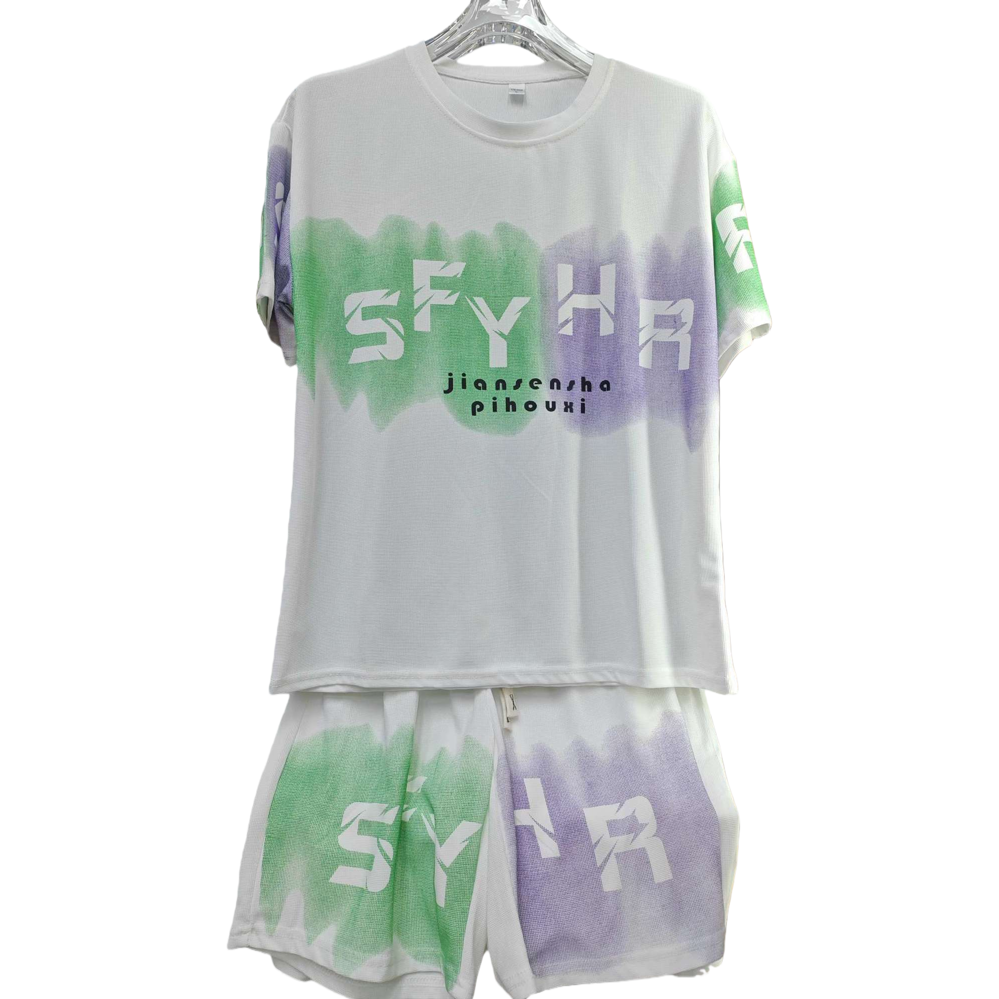 A white short-sleeved T-shirt with shorts set, featuring green and purple watercolor and SFYHR printed clothing Item Picture