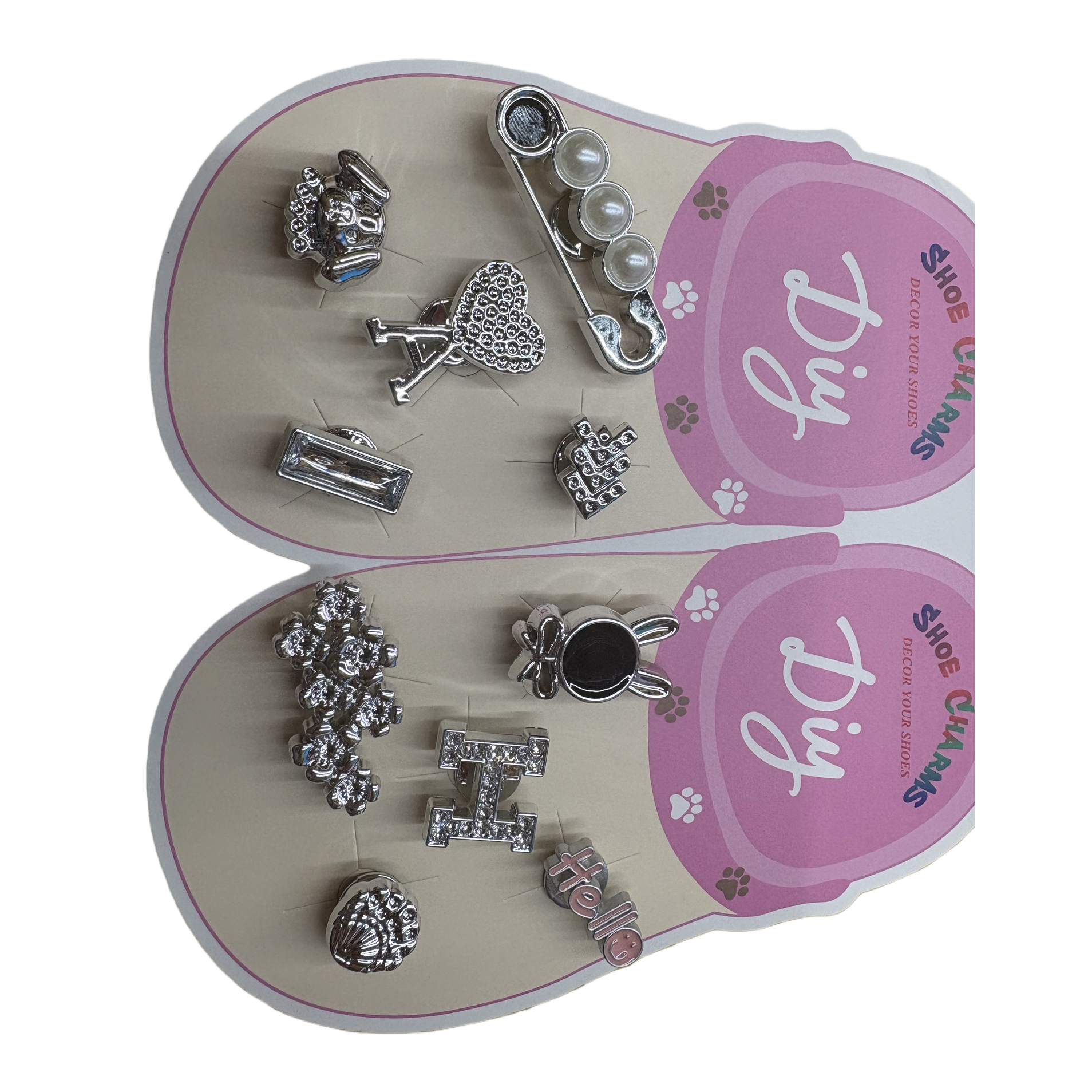 A pink shoe-shaped display board with silver shoe buckle decorations Item Picture