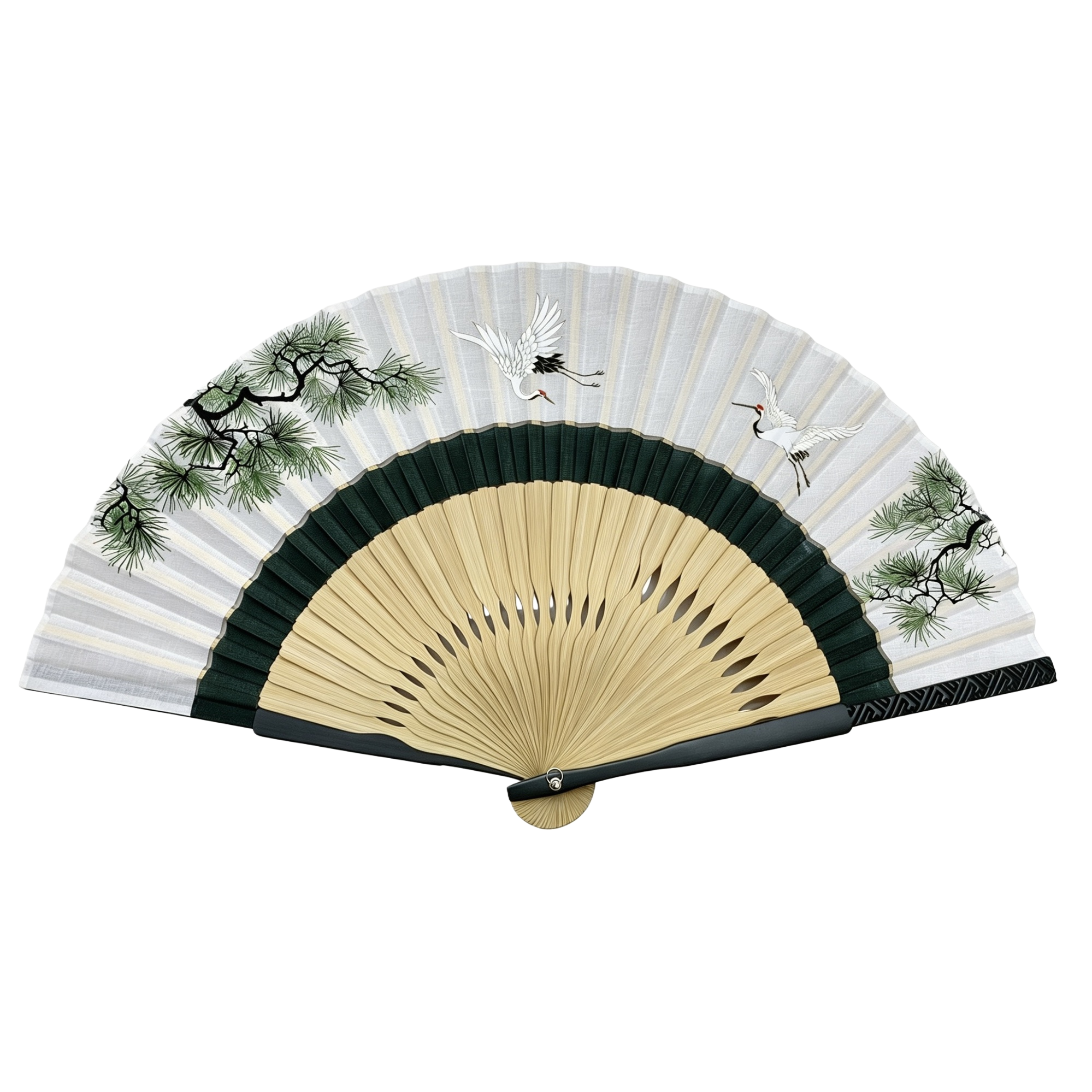 Ink-wash pine and crane patterned folding fan, handcrafted bamboo frame folding fan, pure cotton fabric surface summer cooling gift Item Picture