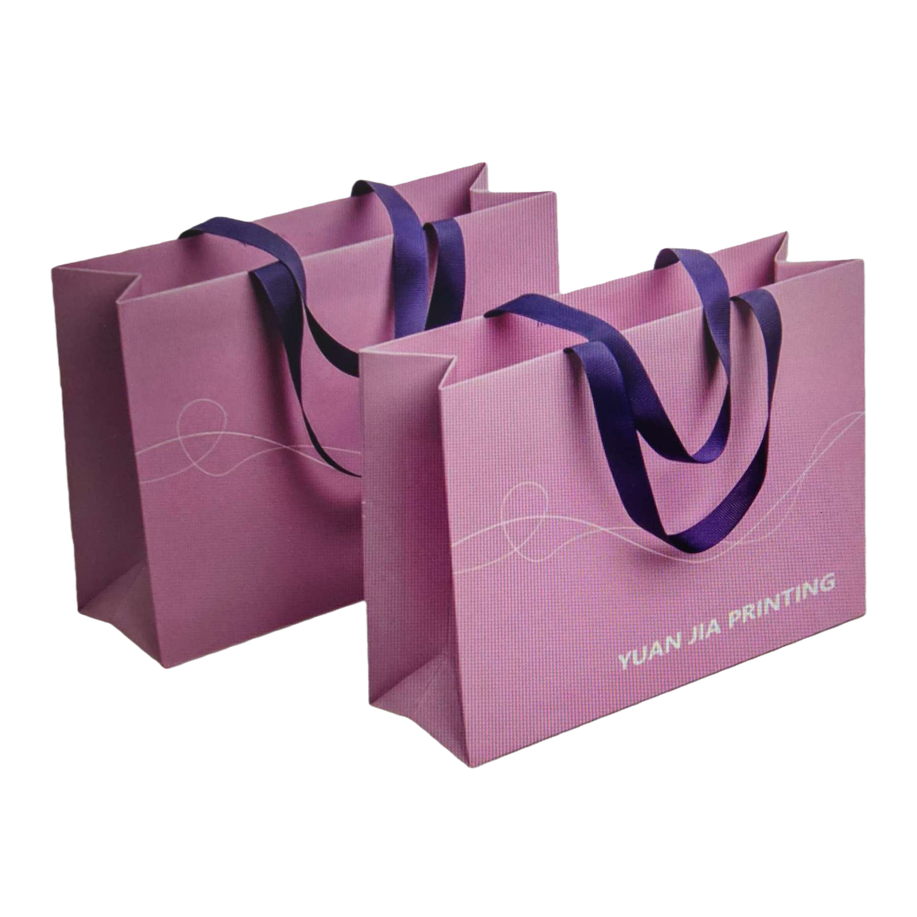 Purple handbag, dark purple ribbon handle, decorated with white wavy lines, with "YUAN JIA PRINTING" printed at the lower right corner Item Picture