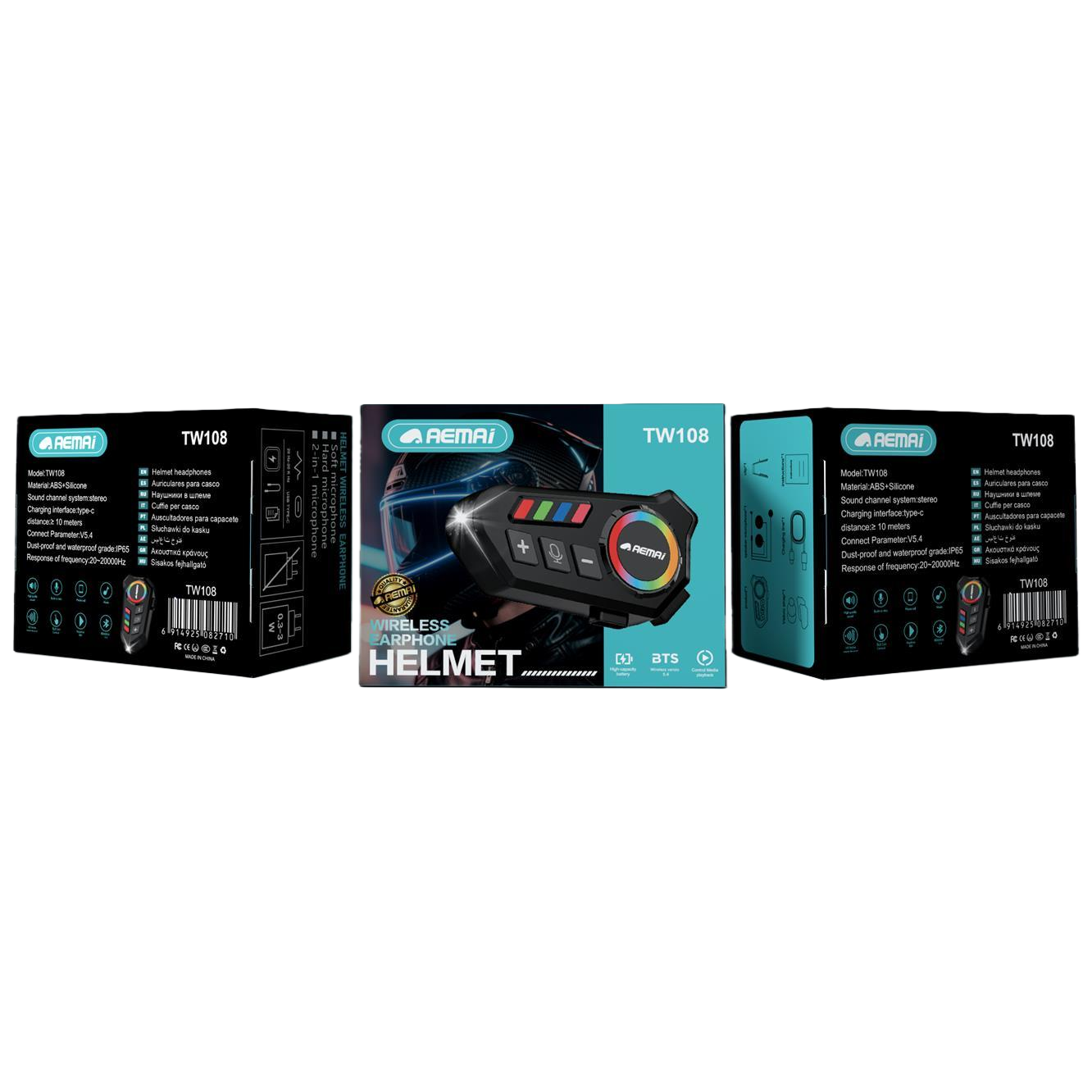 The black helmet wireless headphones are equipped with colorful ring-shaped buttons for volume up and down Item Picture