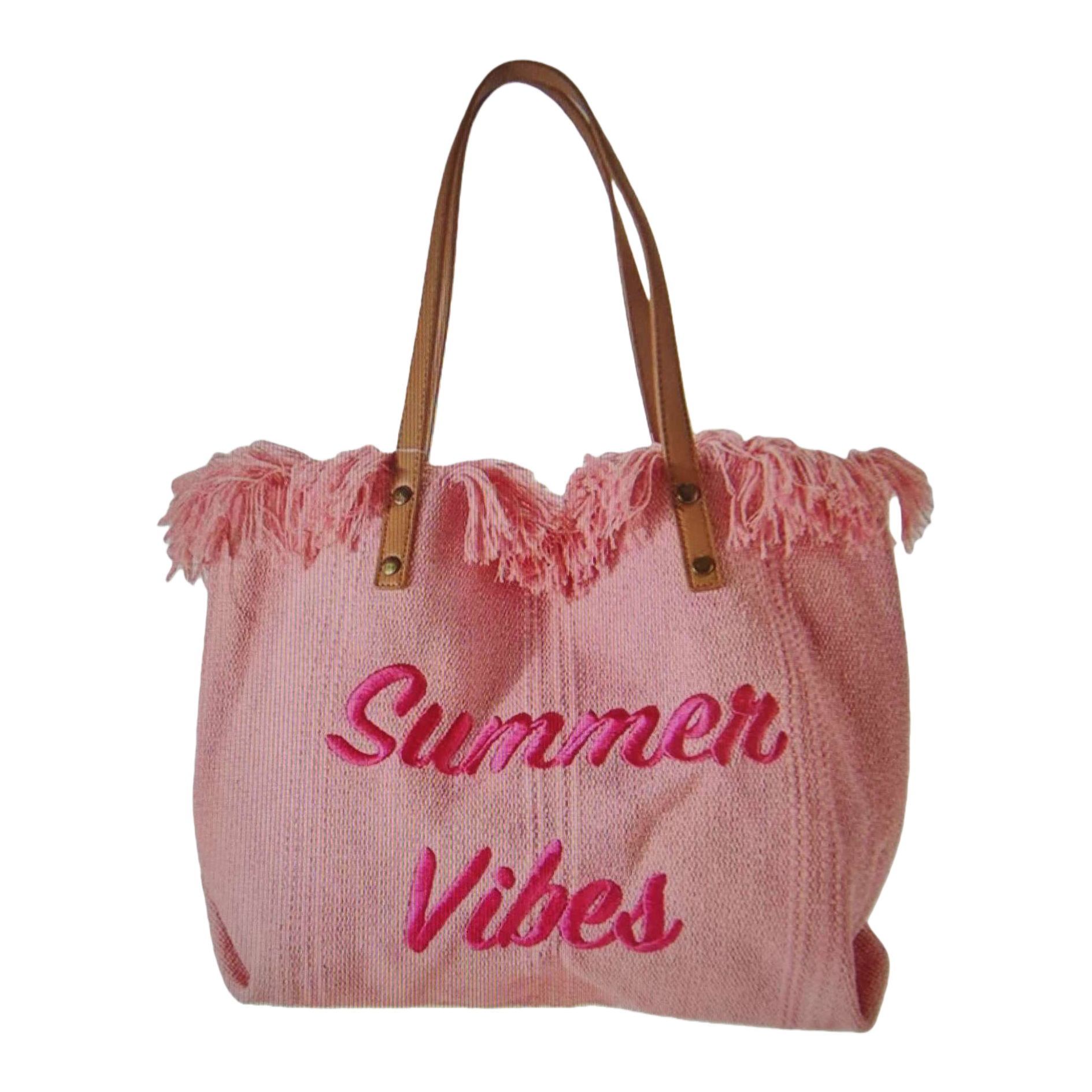 Pink tassel handbag embroidered with the words "Summer Vibes" on the body fashionable ladies' shoulder bag Item Picture