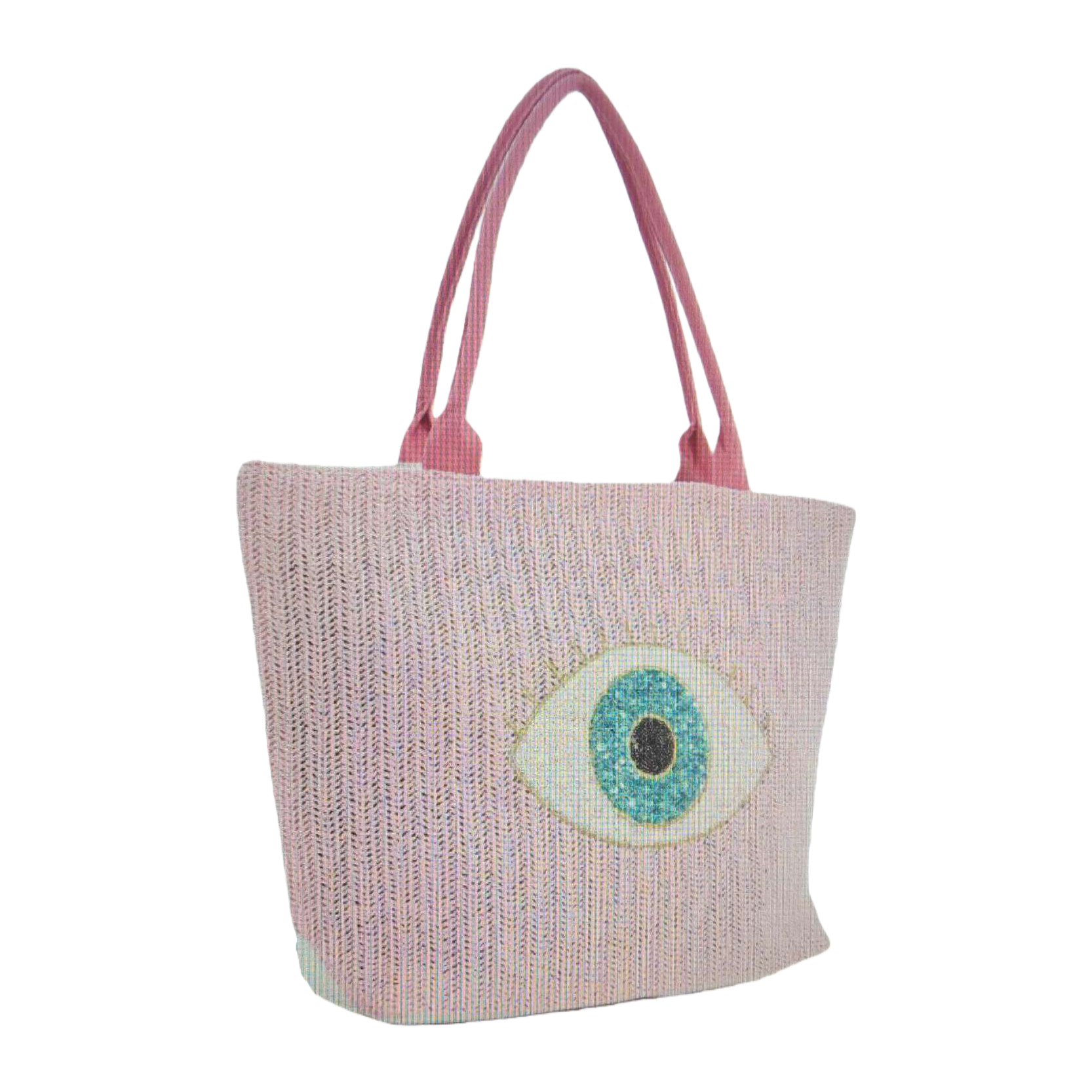 The front of the pink woven handbag features a blue sequined Devil's eye pattern Item Picture