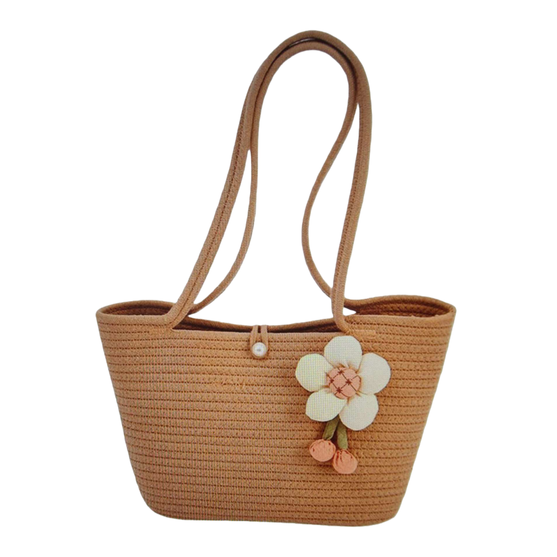The beige woven handbag is decorated with white flowers and orange flower buds Item Picture