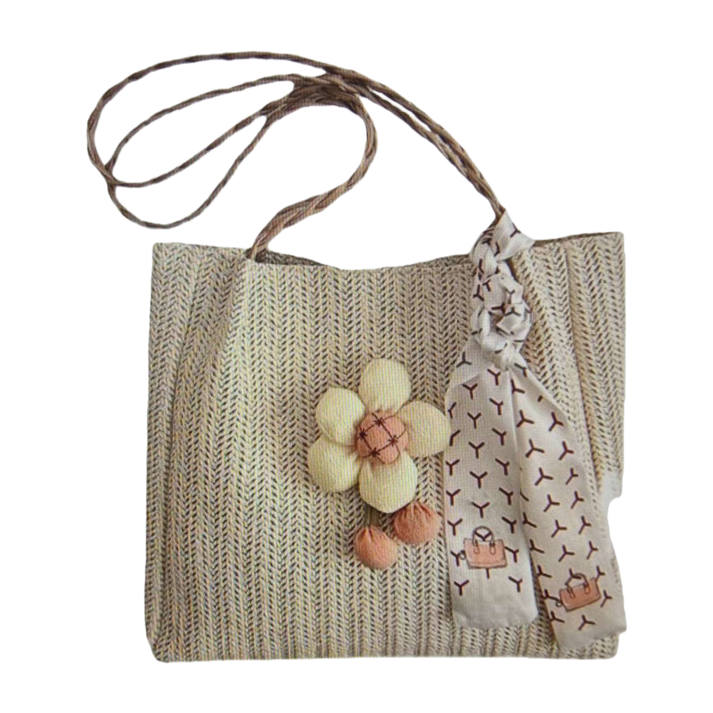 Beige woven handbag with flower-decorated printed silk scarf, a fashionable single-shoulder bag for women Item Picture
