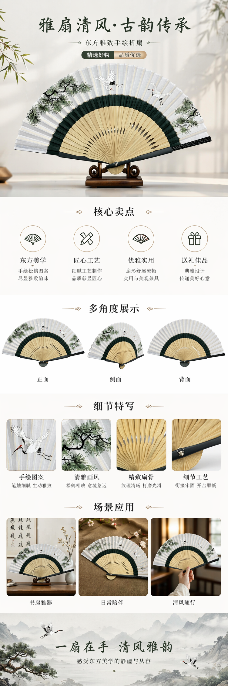 Ink-wash pine and crane patterned folding fan, handcrafted bamboo frame folding fan, pure cotton fabric surface summer cooling gift pic 1