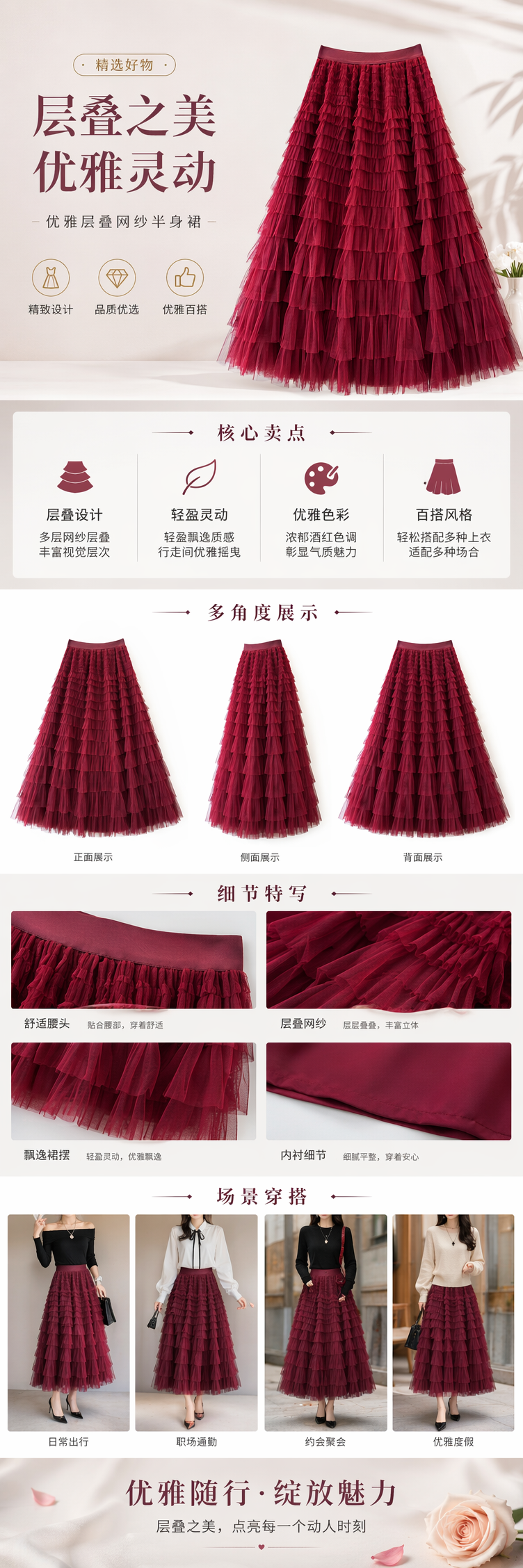Deep red gauze patchwork cake dress 2025 Spring/Summer Autumn/Winter new mid-length skirt, A-line long skirt, puffy gauze skirt pic 1
