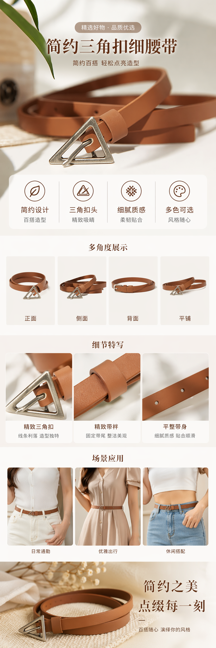 棕色皮质腰带 三角形金属扣 男士休闲百搭真皮腰带详情1