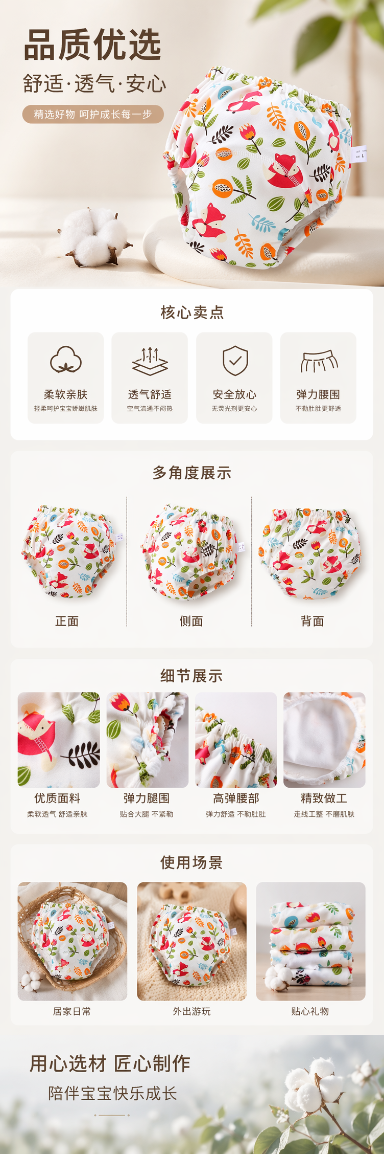 彩色狐狸花卉图案婴儿尿布 透气柔软可水洗重复使用详情1