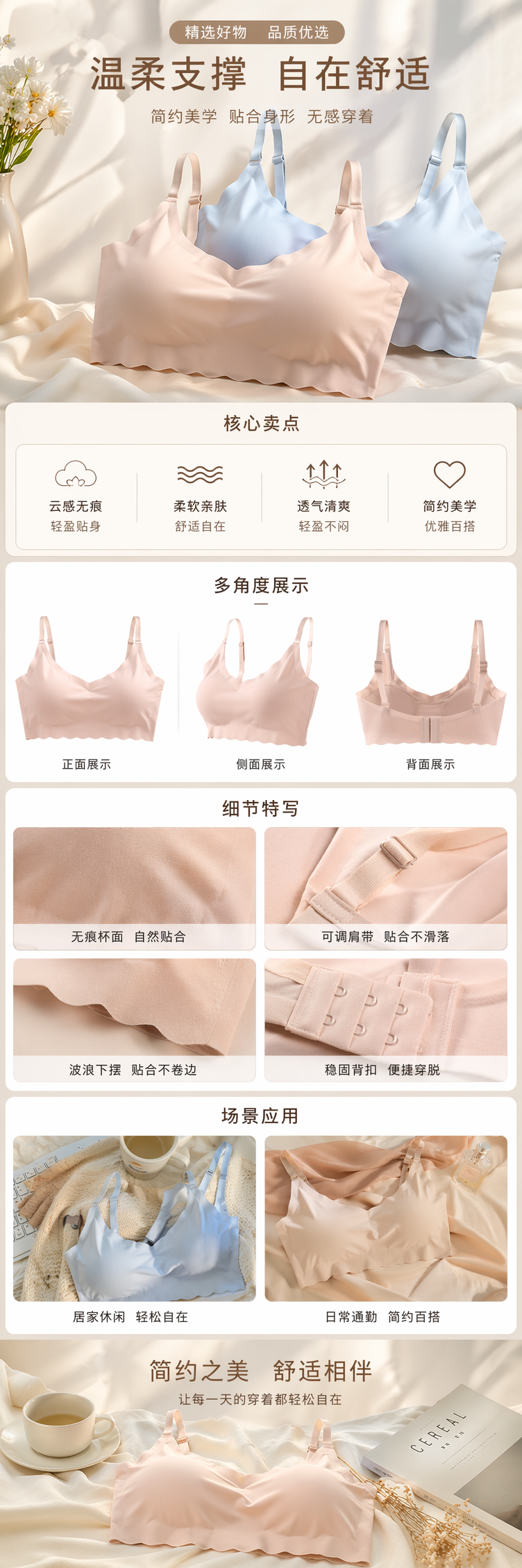 粉色蓝色无钢圈文胸套装女士舒适透气聚拢内衣详情1