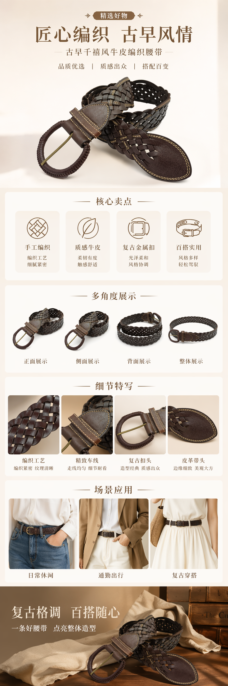 棕色编织牛皮男士腰带 时尚百搭经典款详情1