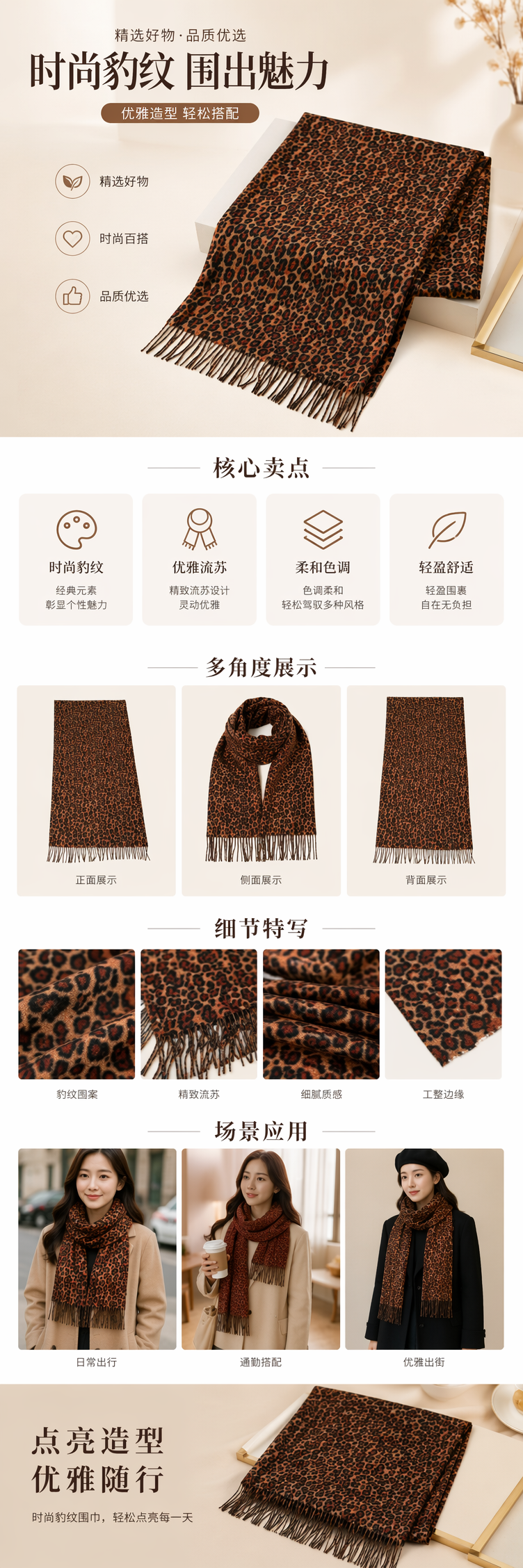 豹纹刺毛印花围巾 加厚羊绒混纺 男女通用秋冬保暖详情1