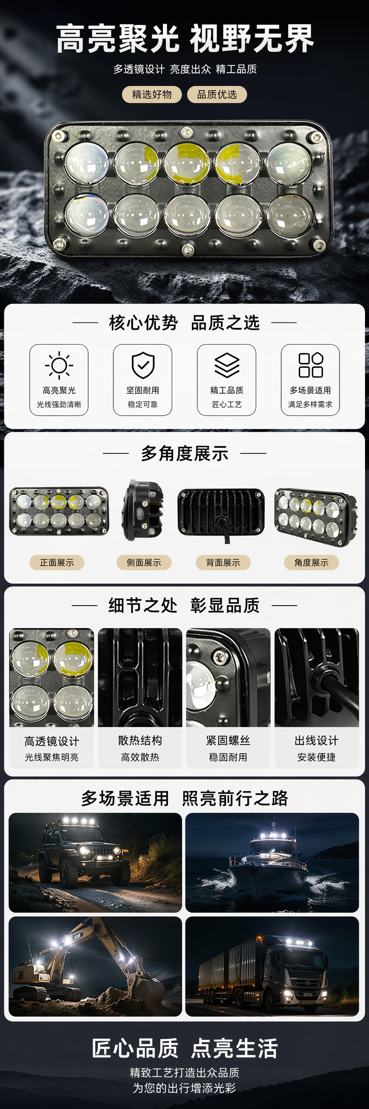 厂家直销 LED摩托车灯电动车10珠外置射灯高亮聚光爆闪黄白光射灯 详情1