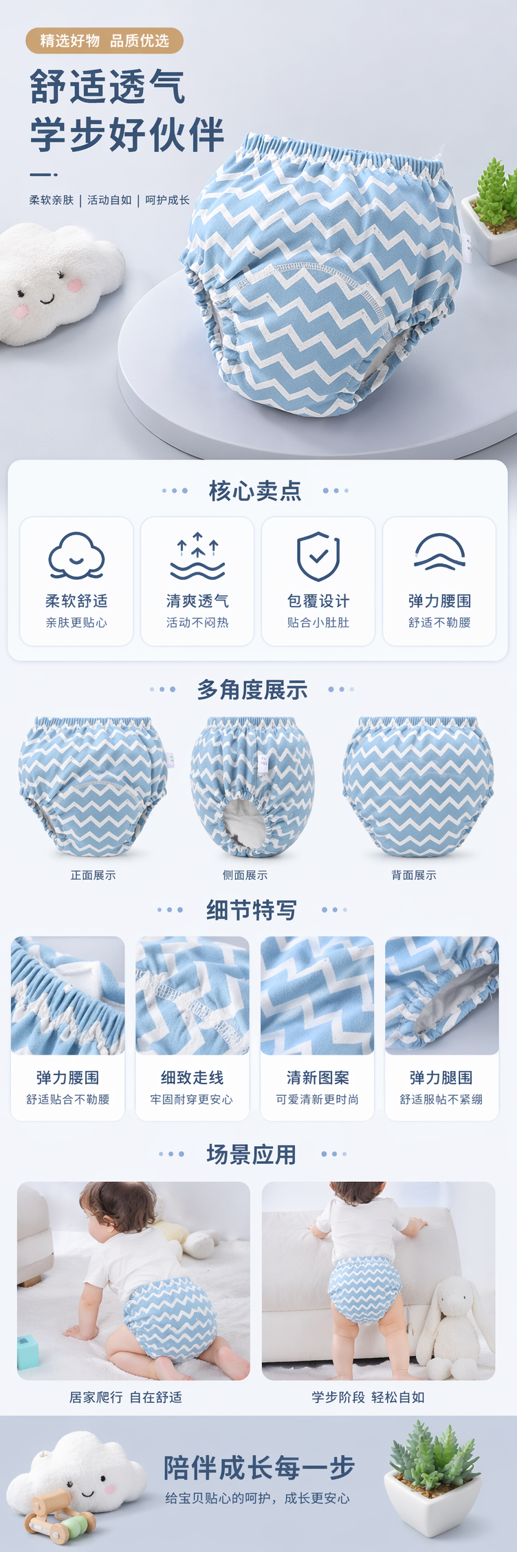 蓝色锯齿纹婴儿尿布透气柔软吸水防漏详情1