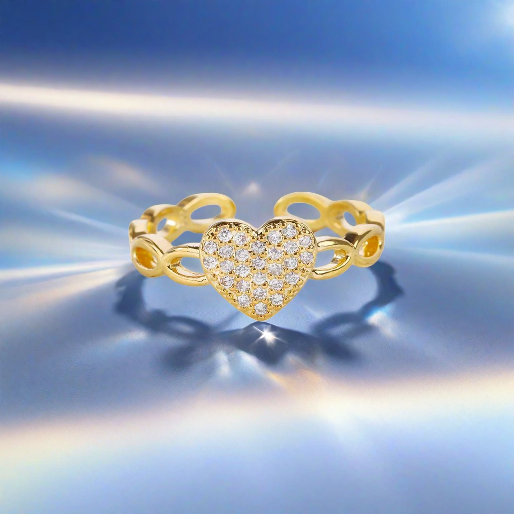 A golden heart-shaped diamond-encrusted ring is a fashionable and simple luxury jewelry accessory for women
