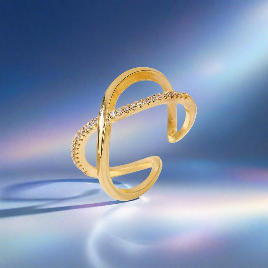 A simple and fashionable lady's ring with a golden cross set with small crystal stones Application Scenario