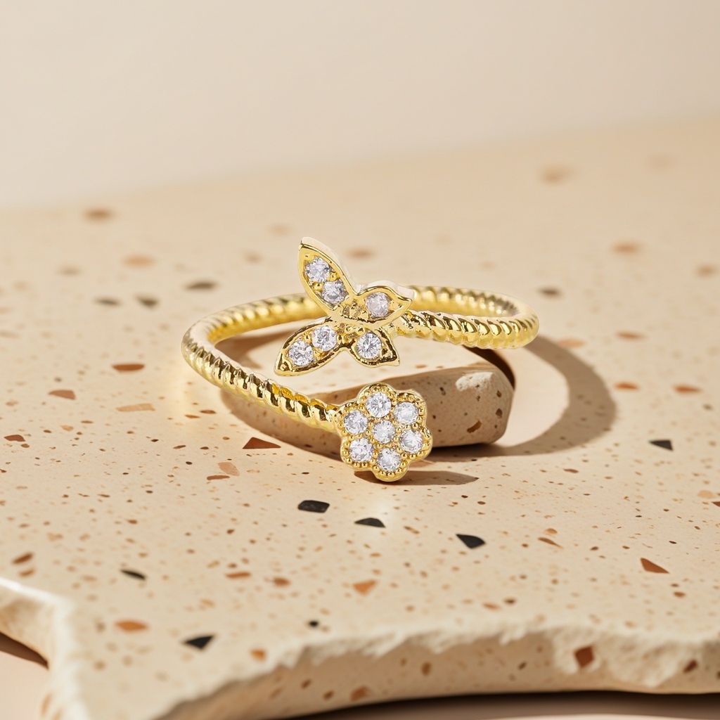 The golden butterfly flower double-ring ring is fashionable, light and luxurious, simple and versatile for ladies details Picture