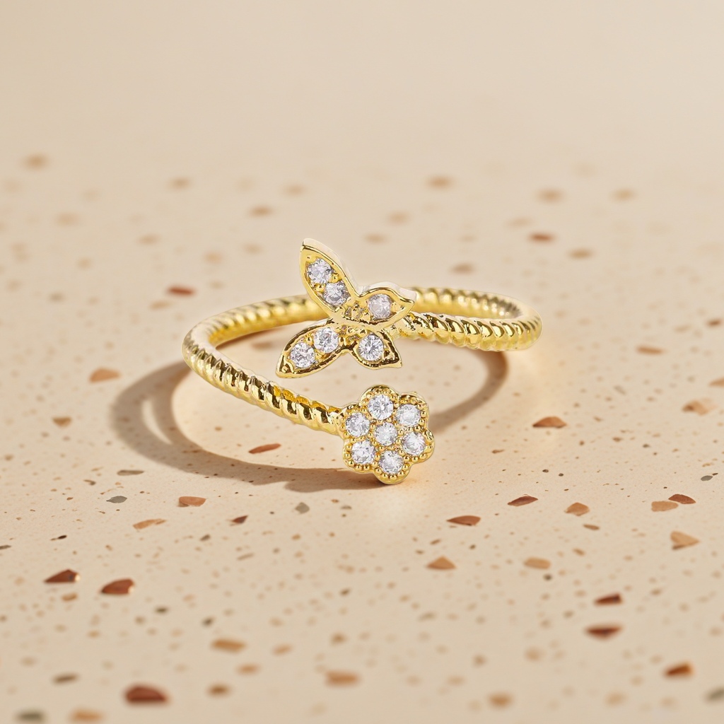 The golden butterfly flower double-ring ring is fashionable, light and luxurious, simple and versatile for ladies
