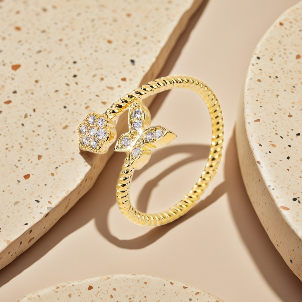The golden butterfly flower double-ring ring is fashionable, light and luxurious, simple and versatile for ladies Specification image