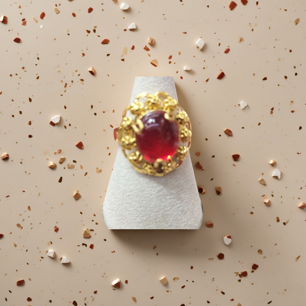 A golden carved ring with red gemstones is fashionable, simple and versatile for women details Picture