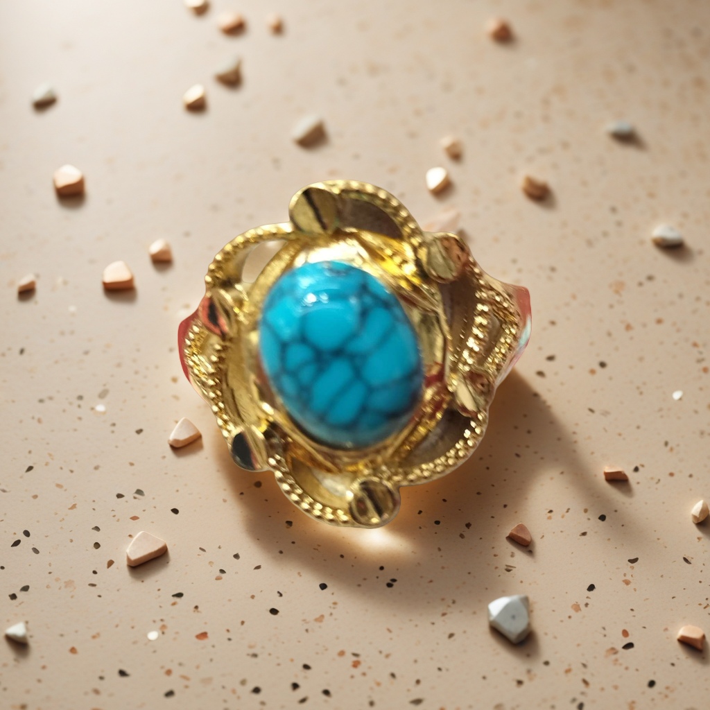 A simple and fashionable women's accessory with a golden ring and a natural turquoise gemstone in blue-green color details Picture