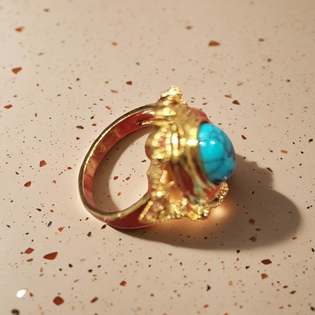 A simple and fashionable women's accessory with a golden ring and a natural turquoise gemstone in blue-green color Specification image