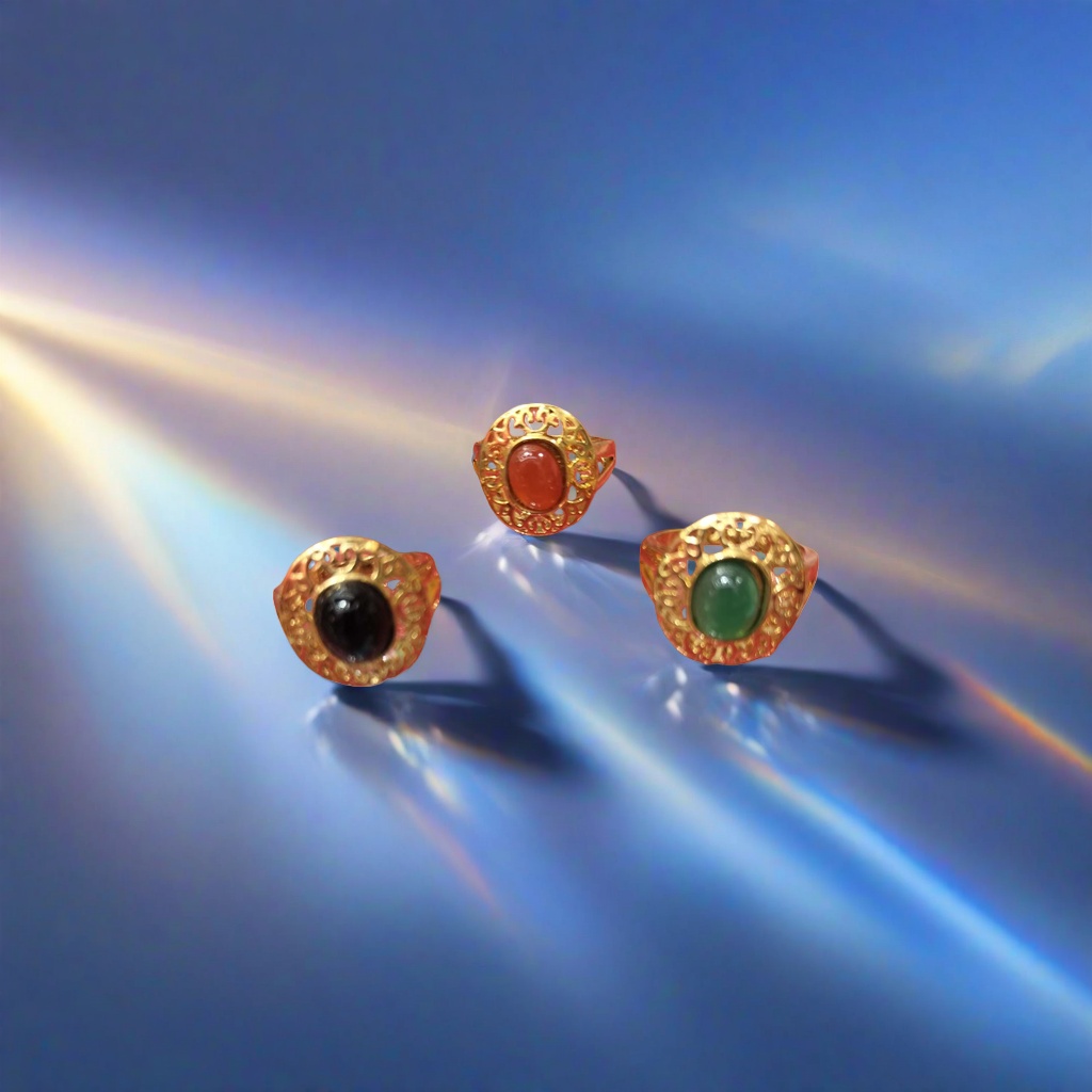 A fashionable and light luxury lady's ring with a golden carved pattern and a black oval gemstone set in the center Application Scenario