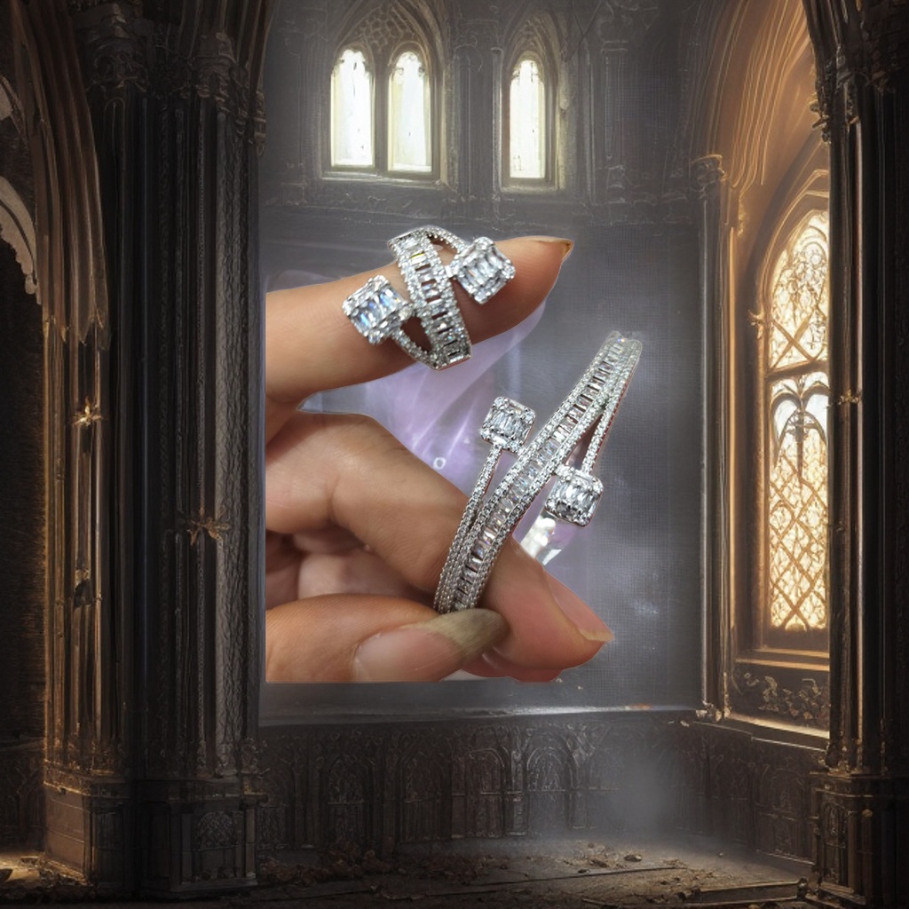 The silver diamond-encrusted bracelet and ring set is fashionable, simple and versatile for women Specification image