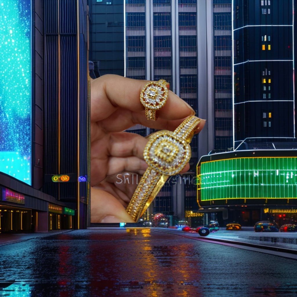 A golden diamond-encrusted ring and bracelet set of fashionable and light luxury women's accessories