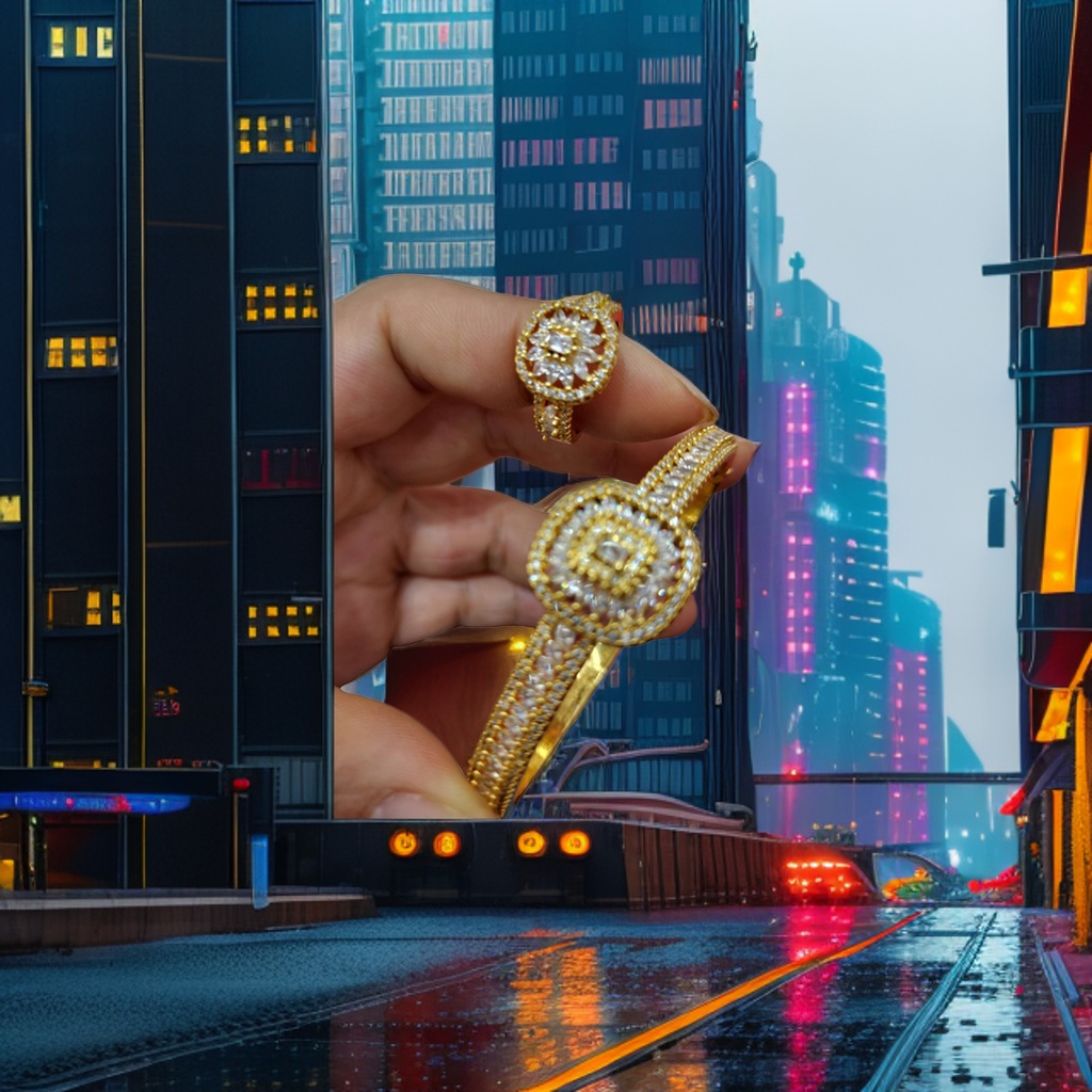 A golden diamond-encrusted ring and bracelet set of fashionable and light luxury women's accessories Application Scenario