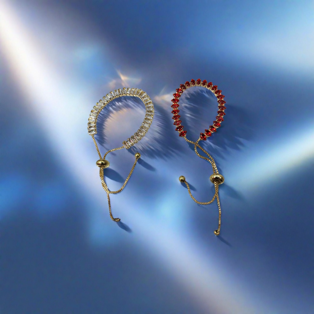The golden diamond-encrusted bracelet features a transparent rectangular crystal on the left and a red teardrop gemstone on the right, with a golden adjustable chain bead clasp Specification image