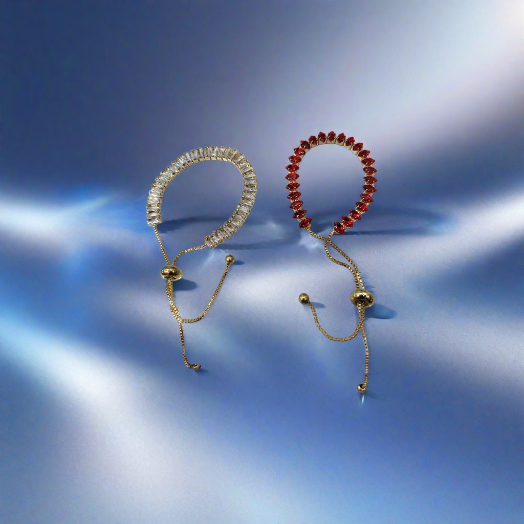 The golden diamond-encrusted bracelet features a transparent rectangular crystal on the left and a red teardrop gemstone on the right, with a golden adjustable chain bead clasp Application Scenario