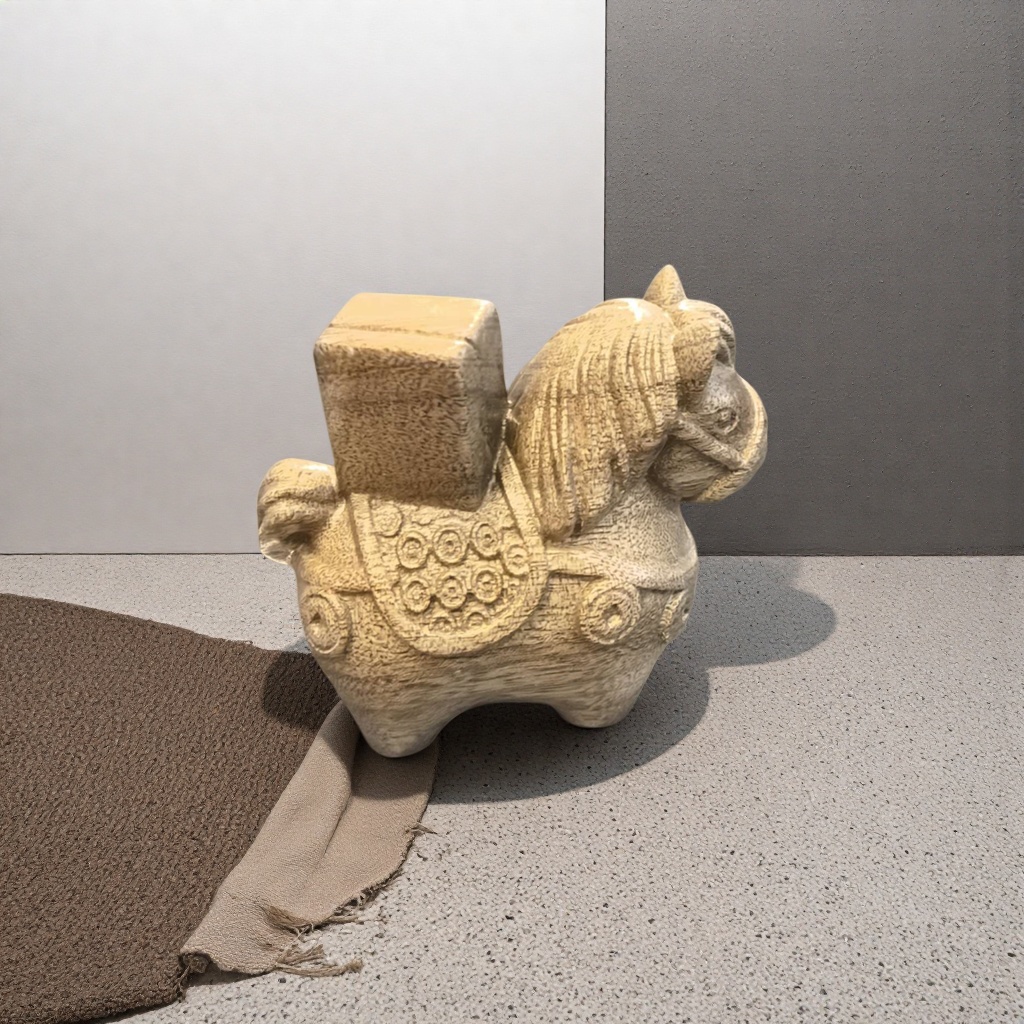 米色木雕马驮货摆件客厅玄关装饰工艺品