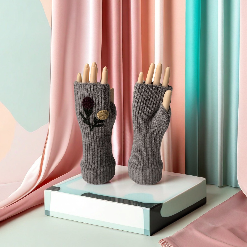 The wooden hand model of the grey knitted embroidered gloves showcases a pattern of four colors: dark grey, off-white, purple and black, red and yellow flowers and green leaves Application Scenario