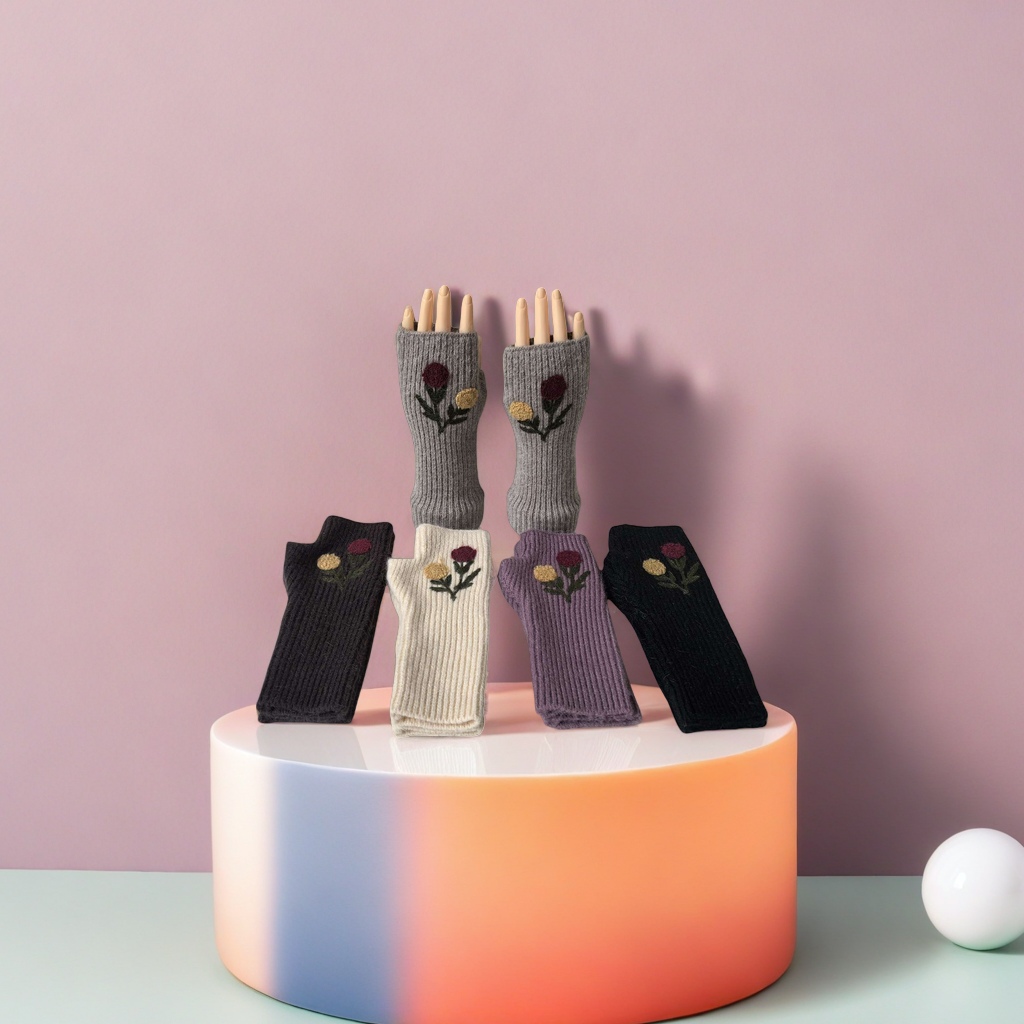 The wooden hand model of the grey knitted embroidered gloves showcases a pattern of four colors: dark grey, off-white, purple and black, red and yellow flowers and green leaves details Picture