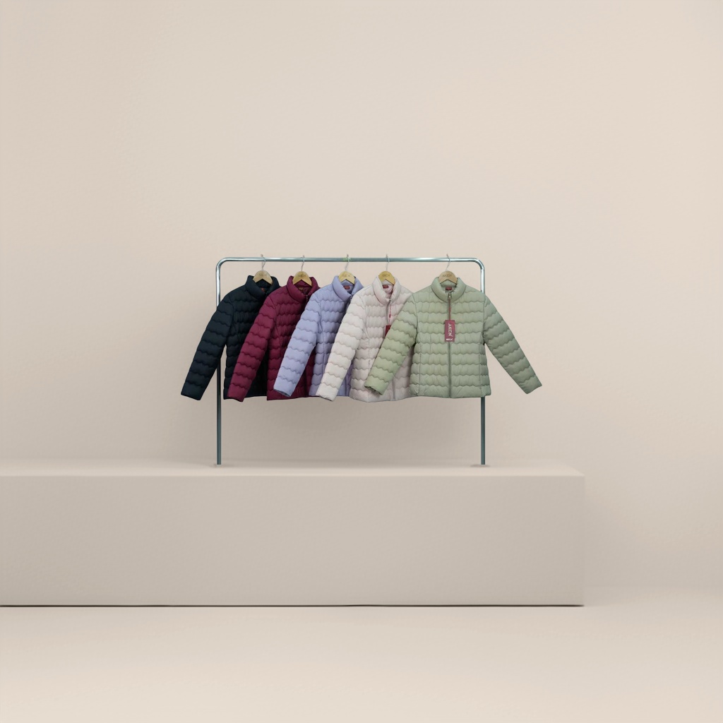 五件彩色羽绒服挂金属衣架展示套装