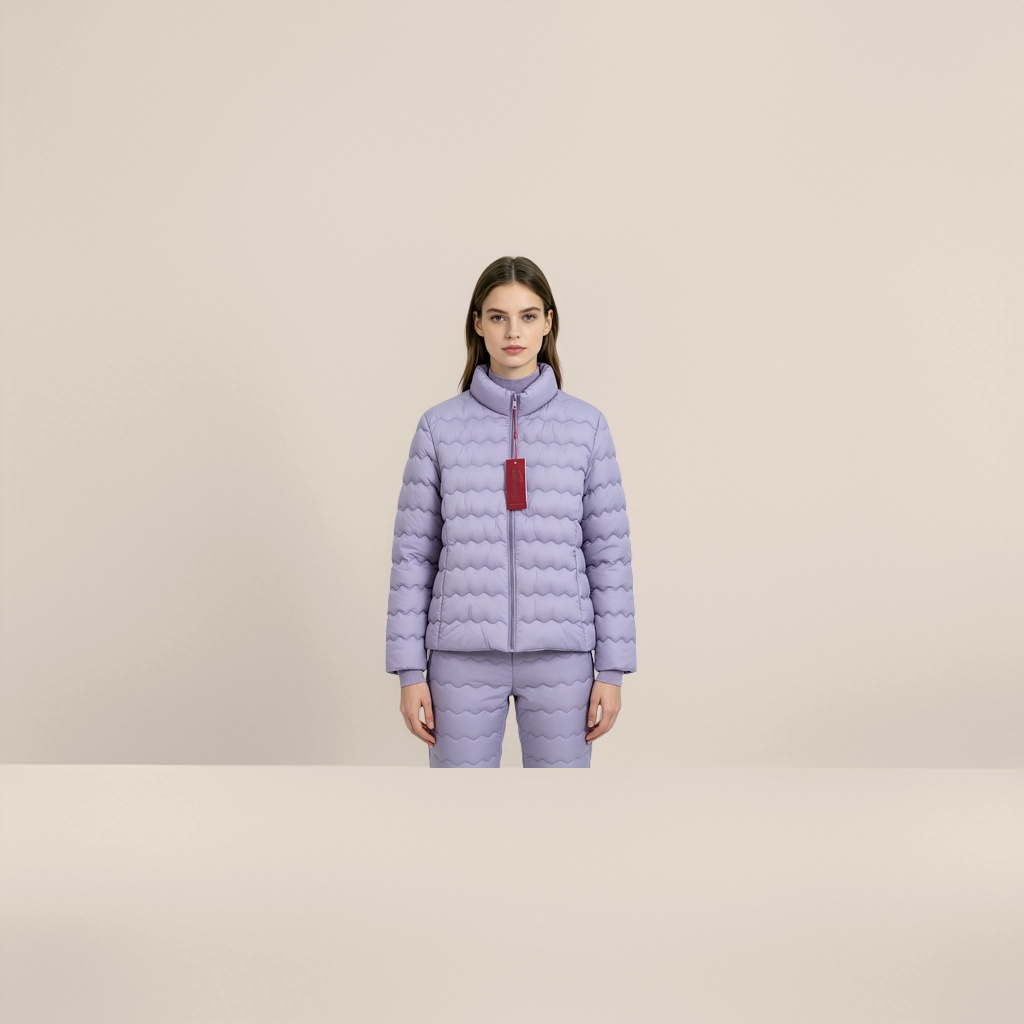 五件彩色羽绒服挂在金属衣架上细节图