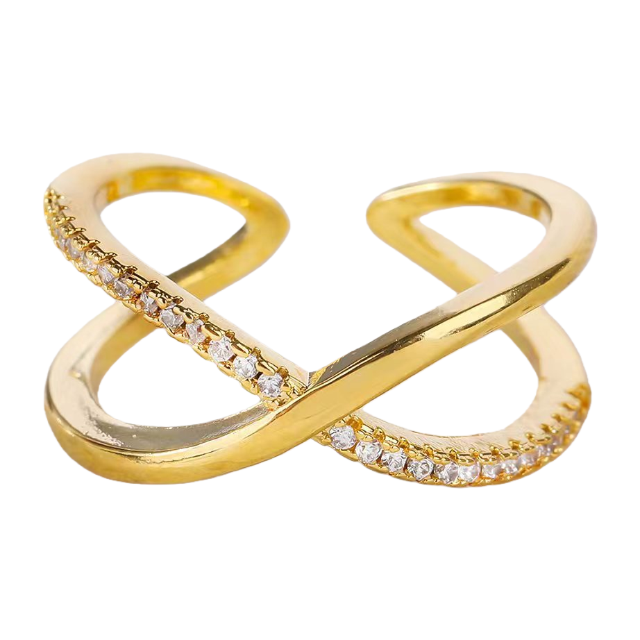 A simple and fashionable lady's ring with a golden cross set with small crystal stones Item Picture