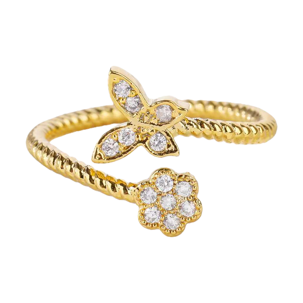 The golden butterfly flower double-ring ring is fashionable, light and luxurious, simple and versatile for ladies Item Picture