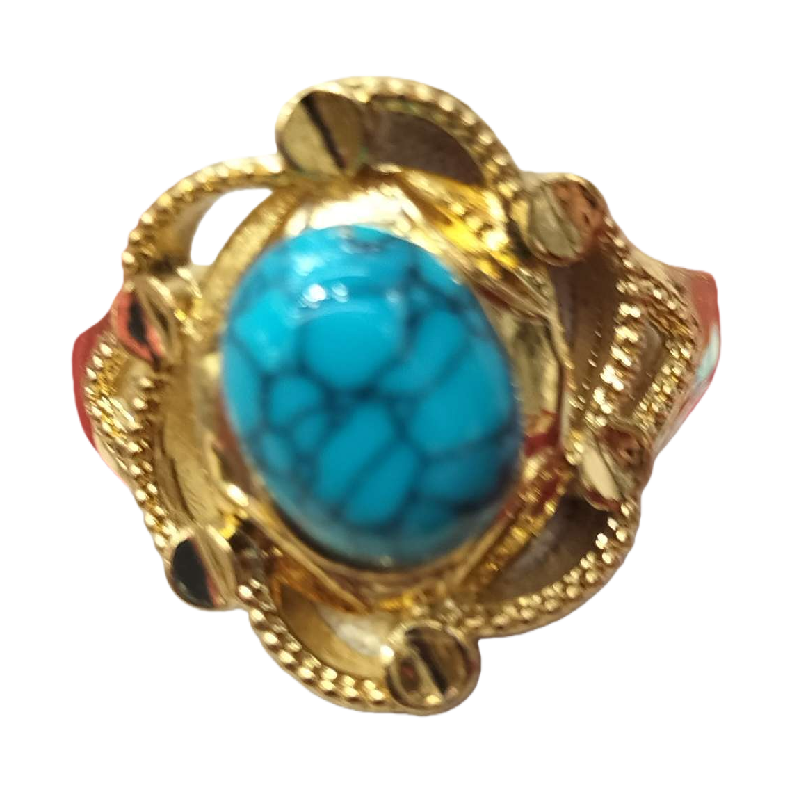A simple and fashionable women's accessory with a golden ring and a natural turquoise gemstone in blue-green color Item Picture