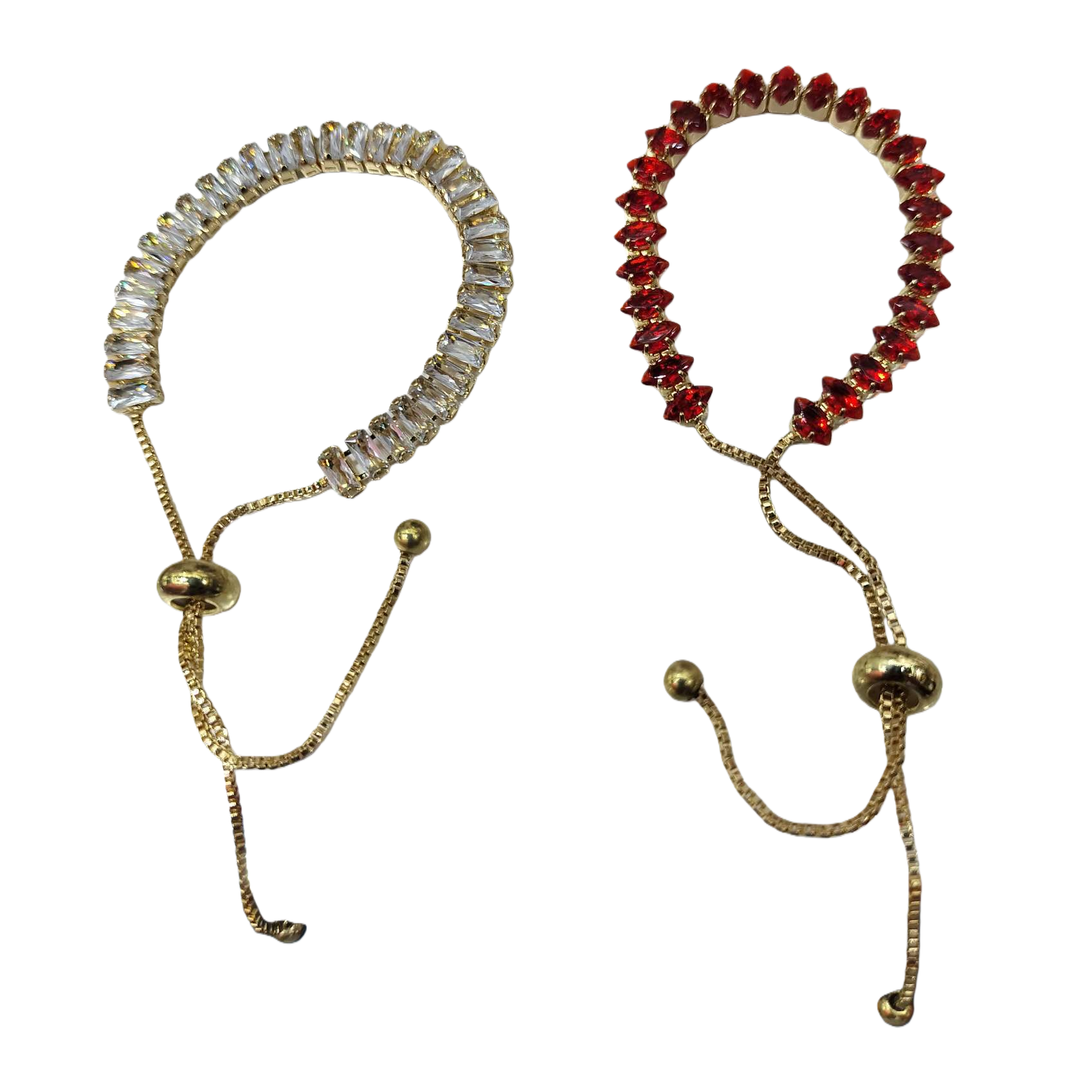 The golden diamond-encrusted bracelet features a transparent rectangular crystal on the left and a red teardrop gemstone on the right, with a golden adjustable chain bead clasp Item Picture