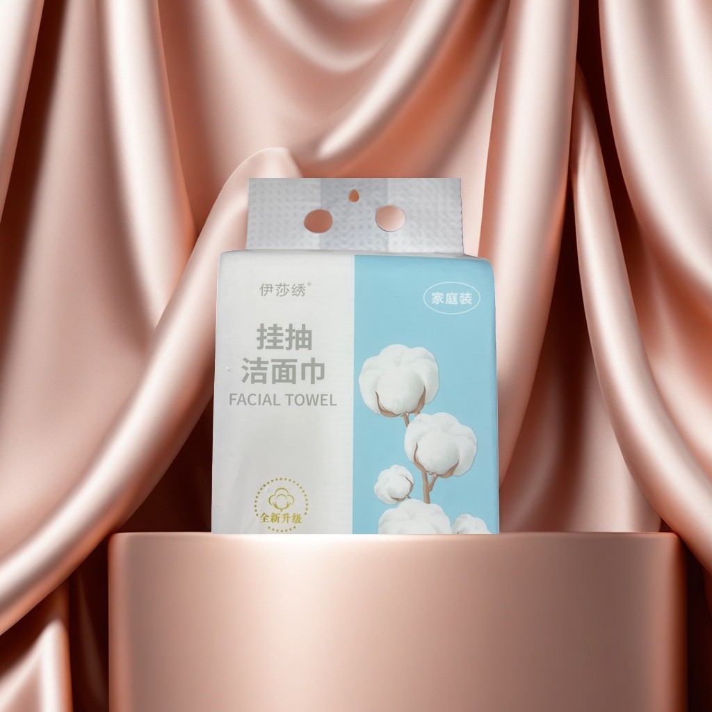 白色挂抽洁面巾蓝色棉朵图案顶部纸巾抽取孔