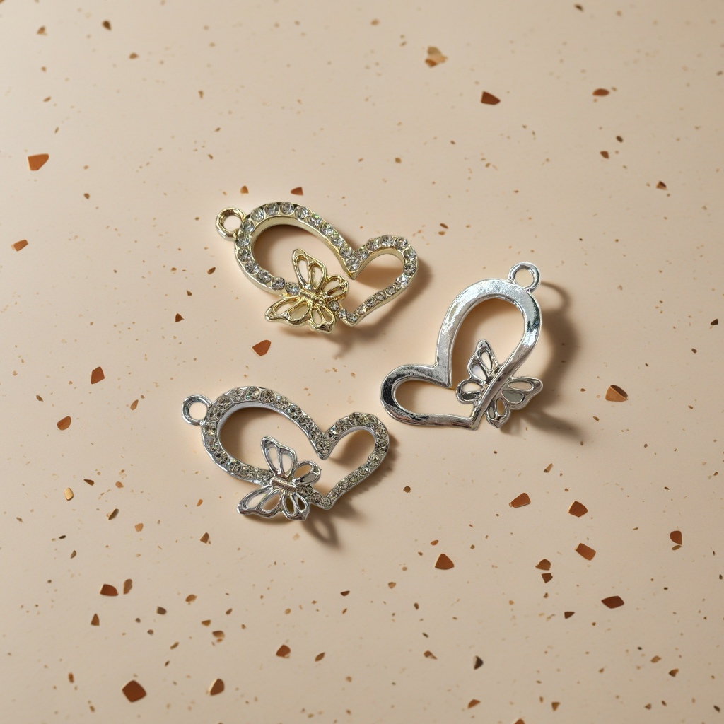 Gold diamond-encrusted heart-shaped butterfly pendant, silver diamond-encrusted hollow butterfly pendant
